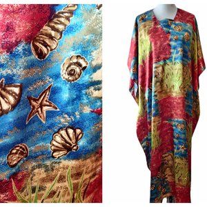 Winlar Womens Red Green Blue Seashells Beach Satin Coverup Kaftan Dress OSFM